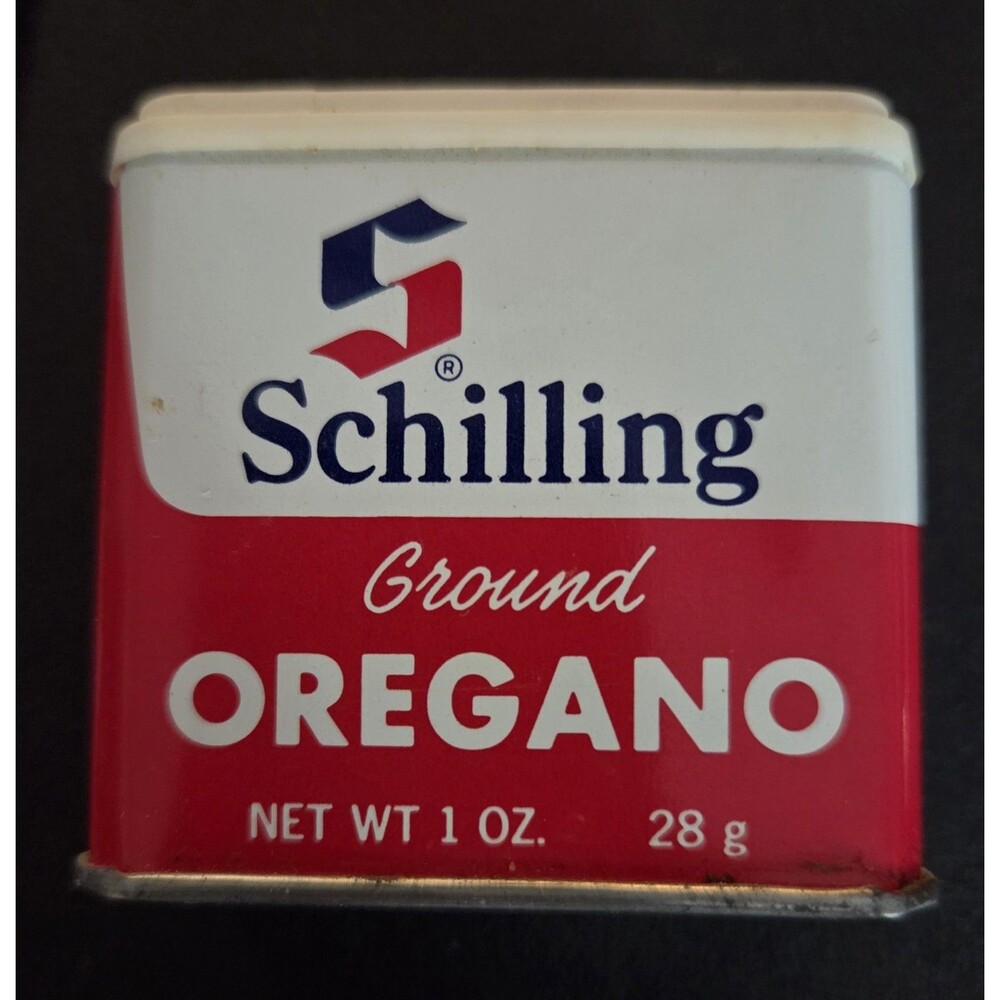 VINTAGE SCHILLING GROUND OREGANO 1.0 oz  METAL SPICE TIN 1974 COLLECTIBLE